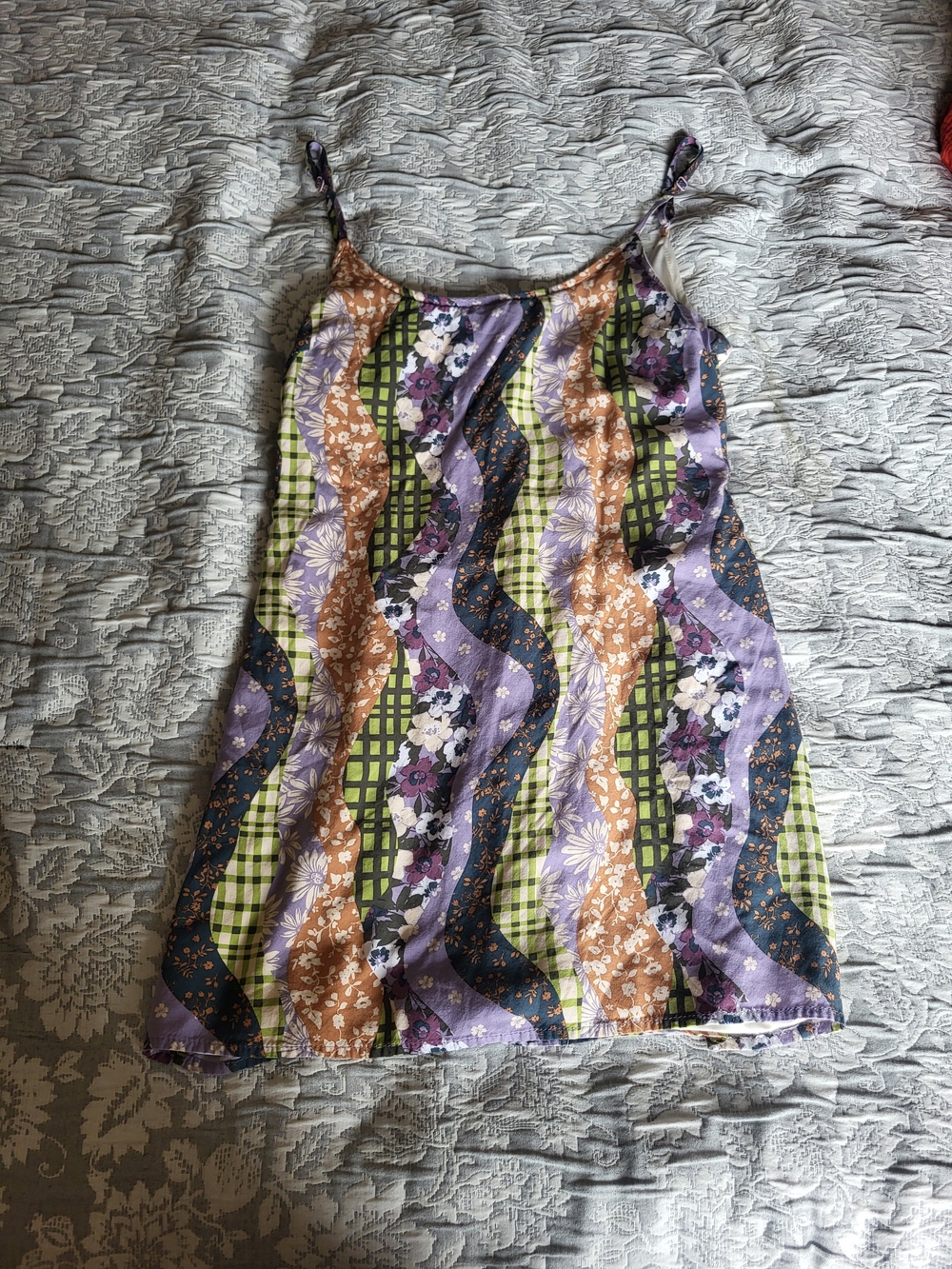 Tilly's Multicolor Floral Wave Satin Slip Dress — Purple, Green & Brown